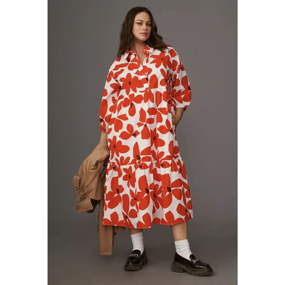Maeve Red and White Floral Midi Dress